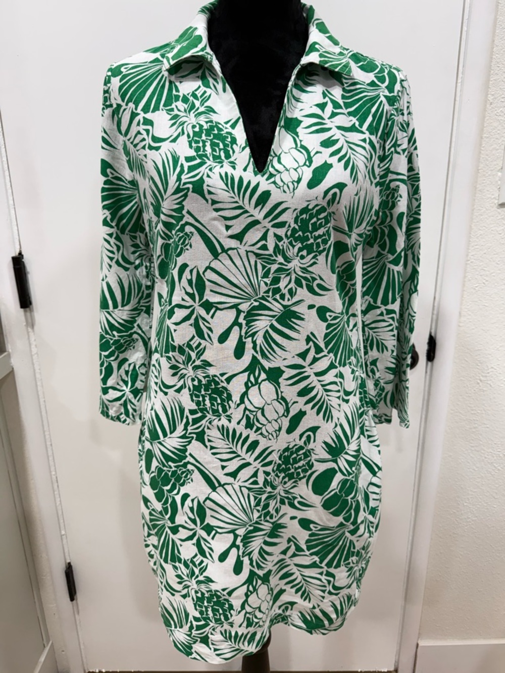 Nicole Miller NY Green Tropical Print Linen Blend Shift Dress Size 4